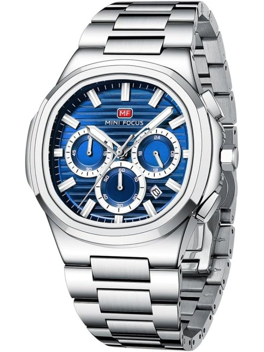 Men's Blue Stainless Steel Band Big Face Chronograph Waterproof Luminous Watch
